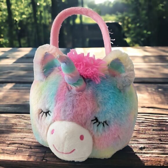 DanDee Unicorn Plush Basket Tie Dye Ombre Colorful Rainbow Handle Soft Pink - Picture 15 of 15